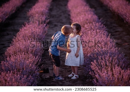 Close-up portrait of little girl kissing boy on the cheek in the rows of purple lavender field. Loving cute couple of children have fun in nature. Family day, carefree, cheerful childhood. Copy space