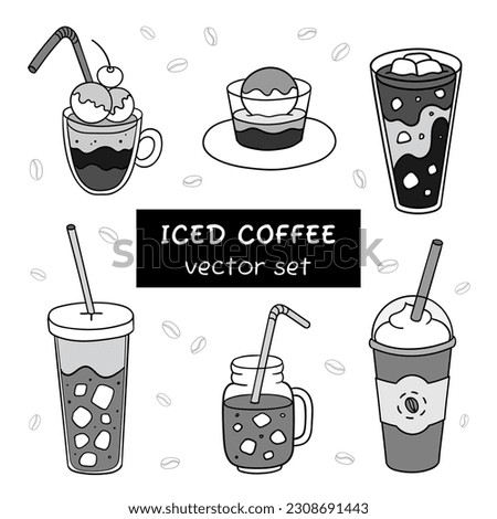 Hand drawn types of iced coffee drinks set. Vector doodle illustration isolated on white. Perfect for menu designs for cafes, restaurants, coffeehouses and coffee shops.