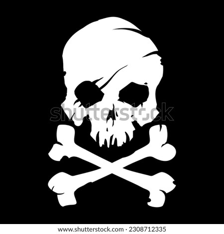 White skull with crossed bones icon illustration. Comic style. T-shirt print for Horror or Halloween. Hand drawing illustration isolated on black background. Vector EPS 10