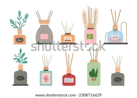 Set of diffuser bottles with air freshener. Vector Royalty-Free Stock Photo #2308716629