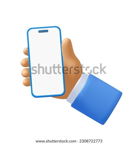 Clipping Path, Cartoon businessman character hand holding mobile phone with white screen isolated on white background, 3d rendering