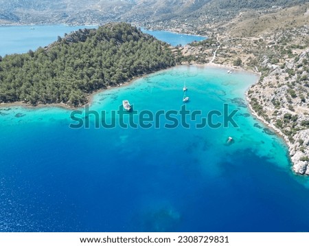 Drone view of Cennet Bay in Selimiye. Marmaris, Mugla, Turkey.