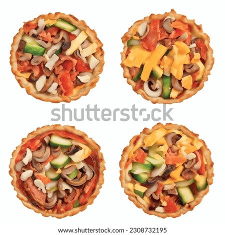 Tartlets Pie with delicious meat filling and grilled vegetables: mushrooms, cheese, green cucumbers in an isolated white background 3D vector graphic


