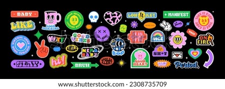 Colorful happy smiling face label shape set. Collection of trendy retro sticker cartoon shapes. Funny comic character art and quote patch bundle. Modern slang word, catchphrase sign, text slogan.