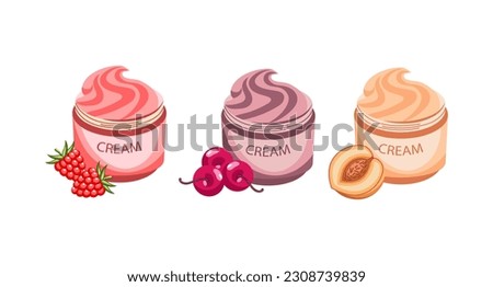 Bottles, jars with fruit face cream, set. Icons, clip art, vector