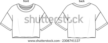 crew neck crop top women's t-shirt template drawing, basic t-shirt drawing, white color Royalty-Free Stock Photo #2308741137