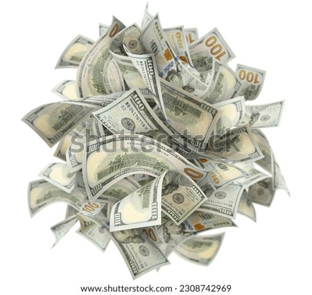 Heap of 100 American dollars banknotes, isolated on white background