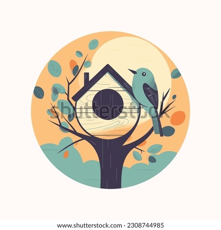 Simple circular illustration of a bird on a branch and a birdhouse