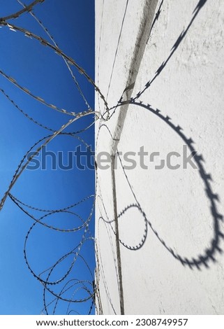 Barbed wire on white wall and blue sky. Abstractnaf photo with symmetry and shadows. High quality photo