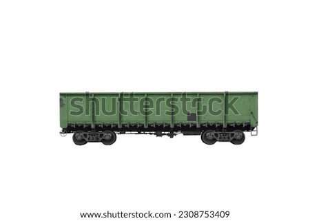 Green metallic goods wagon or freight wagon isolated on white. Unpowered railway vehicles that are used for the transportation of cargo. Royalty-Free Stock Photo #2308753409