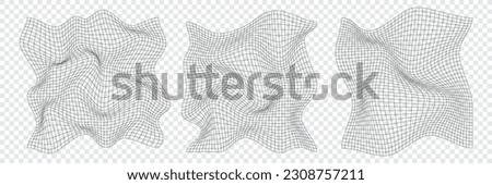 Distorted square grid. Warped mesh texture. Retro punk design elements. Wireframe wave geometry grid. Curved mesh elements. Vector illustration Royalty-Free Stock Photo #2308757211
