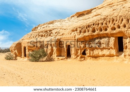 Jabal al Banat complex of nabataean tombs, Hegra, Al Ula, Saudi Arabia Royalty-Free Stock Photo #2308764661