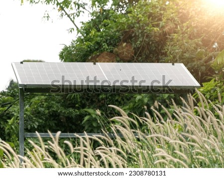 Solar panels on forest background. Solar panels system power generators from sun. Clean technology for better future