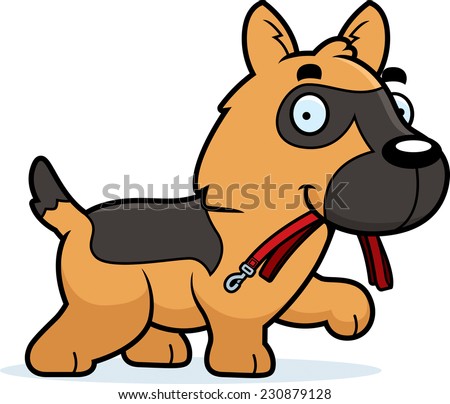 A cartoon illustration of a German Shepherd walking with a leash in his mouth.