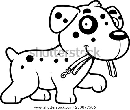 A cartoon illustration of a Dalmatian walking with a leash in his mouth.