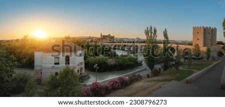Panoramic view of Guadalquivir River at sunset with San Antonio Water Mill, Roman Bridge, Calahorra Tower and Cathedral - Cordoba, Andalusia, Spain