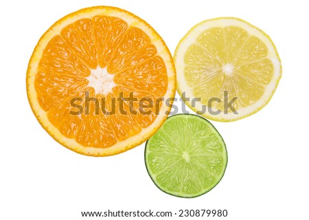 Healthy citrus fruity food. Slice of fresh orange, lemon, lime isolated on white background