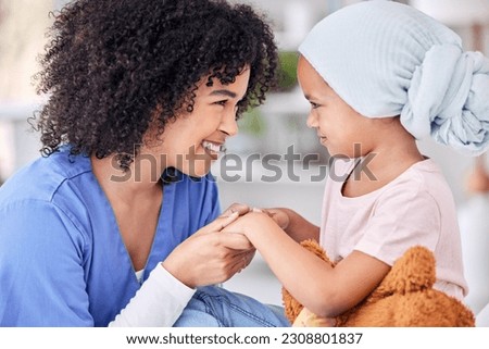 Smile, nurse and child on bed in hospital for children, health and medicine, support and trust in cancer treatment. Paediatrics, healthcare and kid, nursing caregiver holding hands with young patient Royalty-Free Stock Photo #2308801837