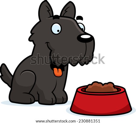 A cartoon illustration of a Scottie with a bowl of food.