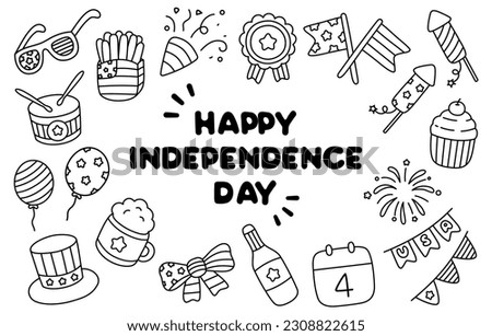 4th July Happy USA Independence Day Doodle flat  Vector Icon Clipart (Clip Art). Cute America national isolated symbols elements  on white background.