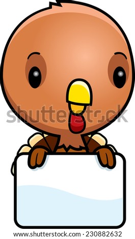 A cartoon illustration of a baby turkey with a blank sign.