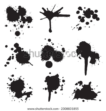 Ink drops. Black ink splashes. Blotter spots, liquid paint drip drop splash and ink splatter. Artistic dirty grunge abstract spot vector set. Illustration monochrome drip splash, splat messy inkblot.