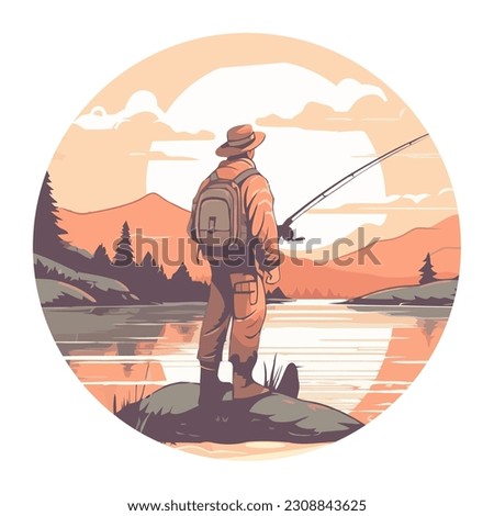 Fisherman with a fishing rod on the river, isolated