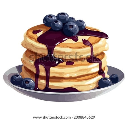 Stack of blueberry pancakes with honey syrup over white Royalty-Free Stock Photo #2308845629