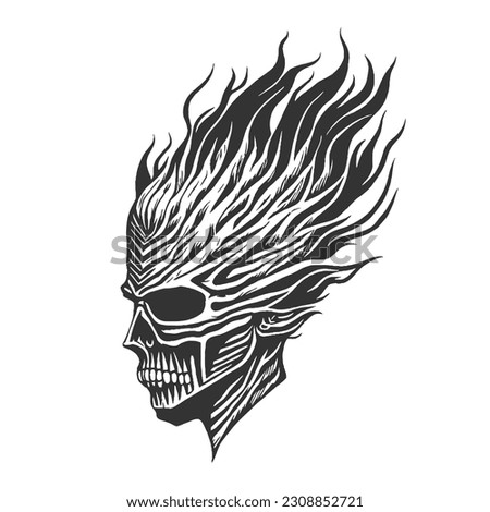 A skull rider symbol with flaming hellfire. Skull design suitable for shirt screen printing and motorcycle club emblems