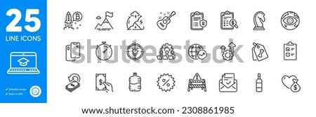 Outline icons set. Warning road, Marketing strategy and Seo gear icons. Bitcoin project, Privacy policy, Approved mail web elements. Mountain flag, Pet tags, Smartphone signs. Vector