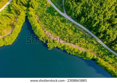 Aerial view of green summer forest and blue lake, landscape