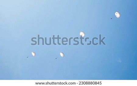 Skydiving. Flying parachutists against the background of the blue sky and mountains. Extreme sport and entertainment. Royalty-Free Stock Photo #2308880845