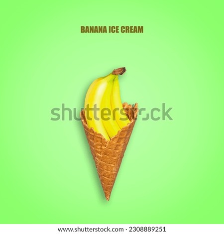Bananas in an ice cream cone, on a bright green background. Concept of natural banana ice cream. Food. Dessert. Background.