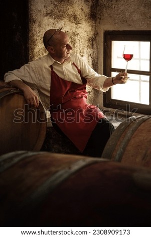 winemaker exam his red  products at wine cellar Royalty-Free Stock Photo #2308909173