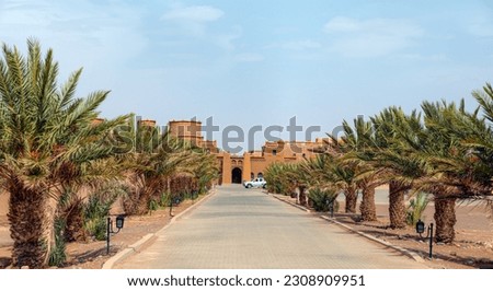 General view of the Merzouga hotels district - Merzouga, Sahara, Morocco