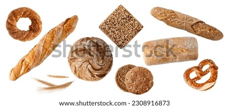 Fresh baked bread with various sorts isolated on white background. Rye wheat loaf of bread, turkish bagel, french baguette, german pretzel, scandinavian sandwich, italian ciabatta, whole grain pastry. Royalty-Free Stock Photo #2308916873