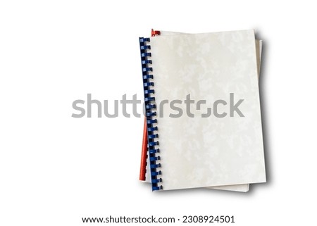 Top view of old plastic ring binding notepad paper files isolated on white background with clipping path, horizontal format.