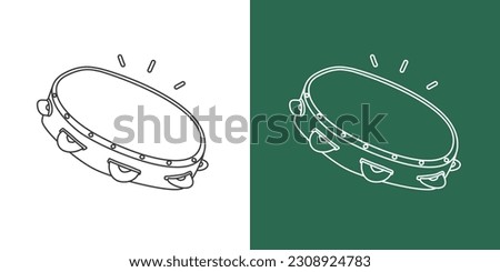 Tambourine line drawing vector design. Percussion instrument tambourine clipart drawing in linear style isolated on white and chalkboard background. Musical instrument clipart concept