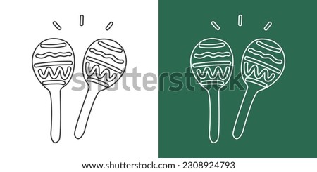 Maracas line drawing vector design. Percussion instrument maracas clipart drawing in linear style isolated on white and chalkboard background. Musical instrument clipart concept