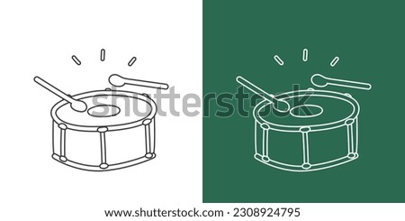 Snare drum line drawing cartoon style. Percussion instrument snare drum clipart drawing in linear style isolated on white and chalkboard background. Musical instrument clipart concept, vector design