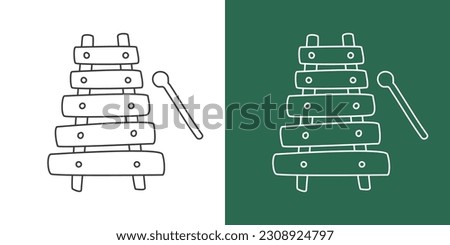 Xylophone line drawing cartoon style. Percussion instrument xylophone clipart drawing in linear style isolated on white and chalkboard background. Musical instrument clipart concept, vector design