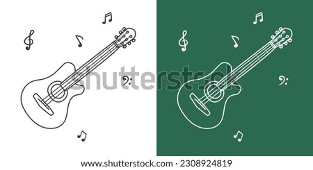 Acoustic guitar line drawing vector design. String instrument guitar clipart drawing in linear style isolated on white and chalkboard background. Musical instrument clipart concept