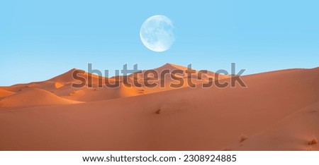Sand dunes in the Sahara Desert with full moon - Merzouga, Morocco - Orange dunes in the desert of Morocco - Sahara desert, Morocco "Elements of this image furnished by NASA"