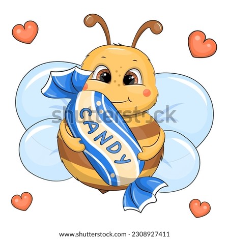 Cute cartoon bee is holding blue candy. Vector illustration of an animal on a white background with hearts.
