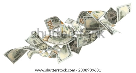 Flying 100 American dollars banknotes, isolated on white background Royalty-Free Stock Photo #2308939631