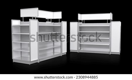 Open metal showcases with shelves. 3d illustration isolated on black