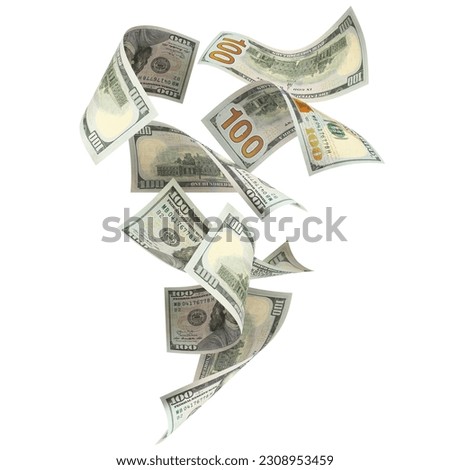 Flying 100 American dollars banknotes, isolated on white background