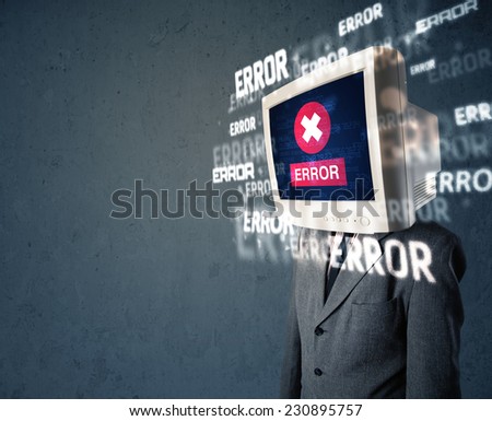 Business man with pc monitor on his head and error messages darker background