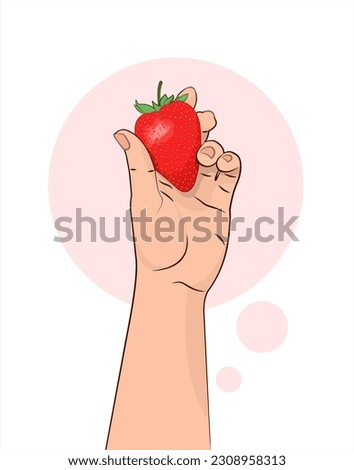 Strawberry. A strawberry in hand. A large juicy strawberry in a human hand. Healthy food. Berry. Isolated vector illustration white background. 