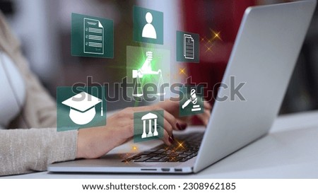 Legal business concept. Labor law, Lawyer, Online legal advice, Hand of human with legal services icon on laptop screen.